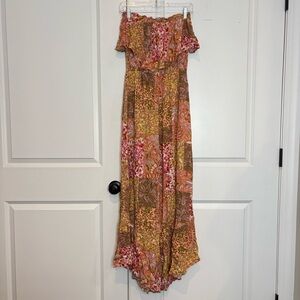 Illa Illa Pink Multi Strapless Smocked Wide Leg Ruffle Jumpsuit S